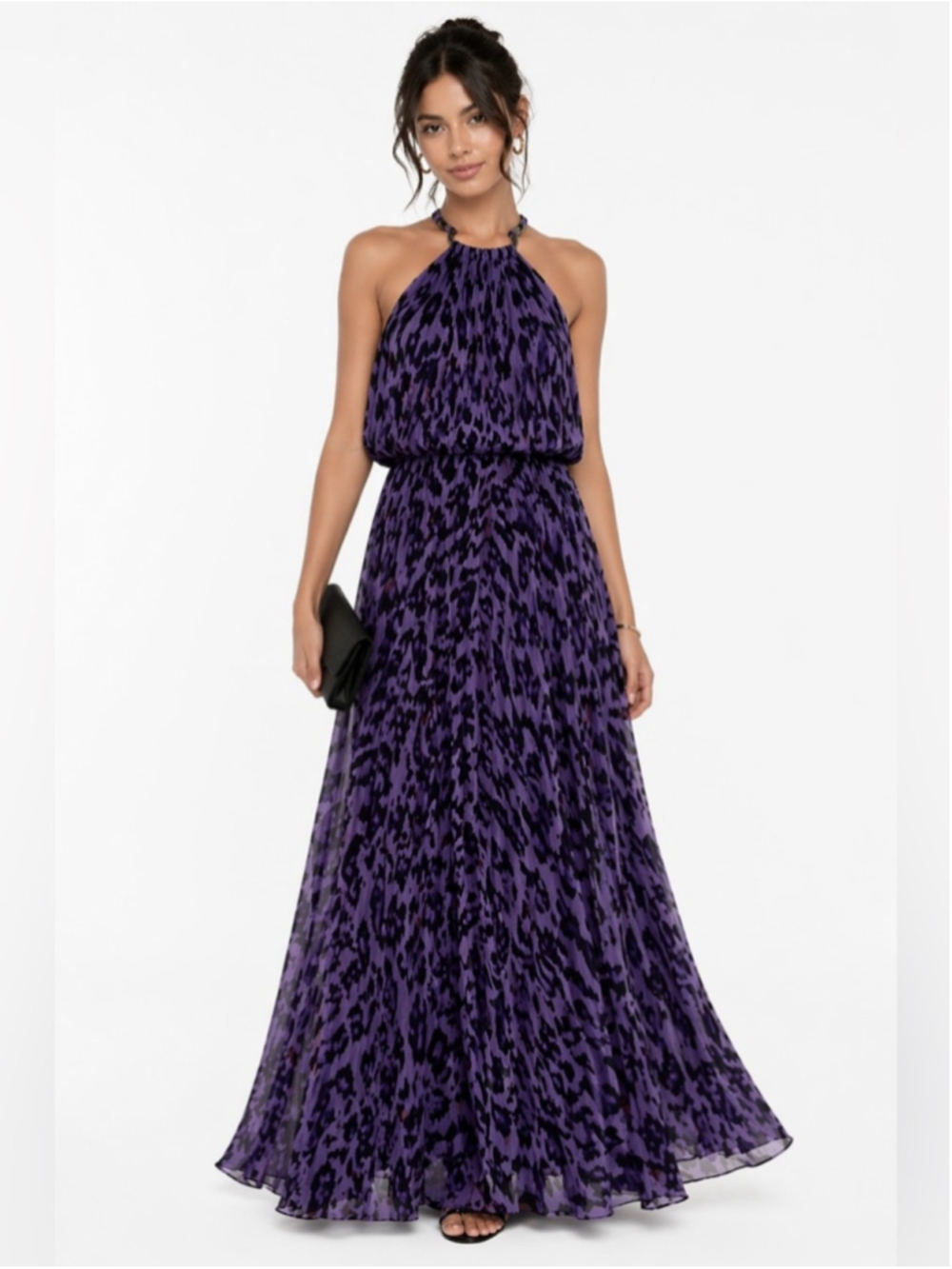 Xscape Animal Print Maxi Dress Size 14 Pleated Halter Ring Detail Flow